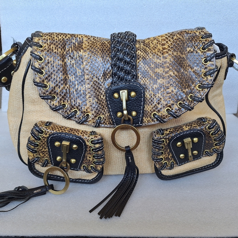 Vintage Rafe New York Alvear 2006 Sisal Snakeskin Leather Boho Bag Tassel Y2K